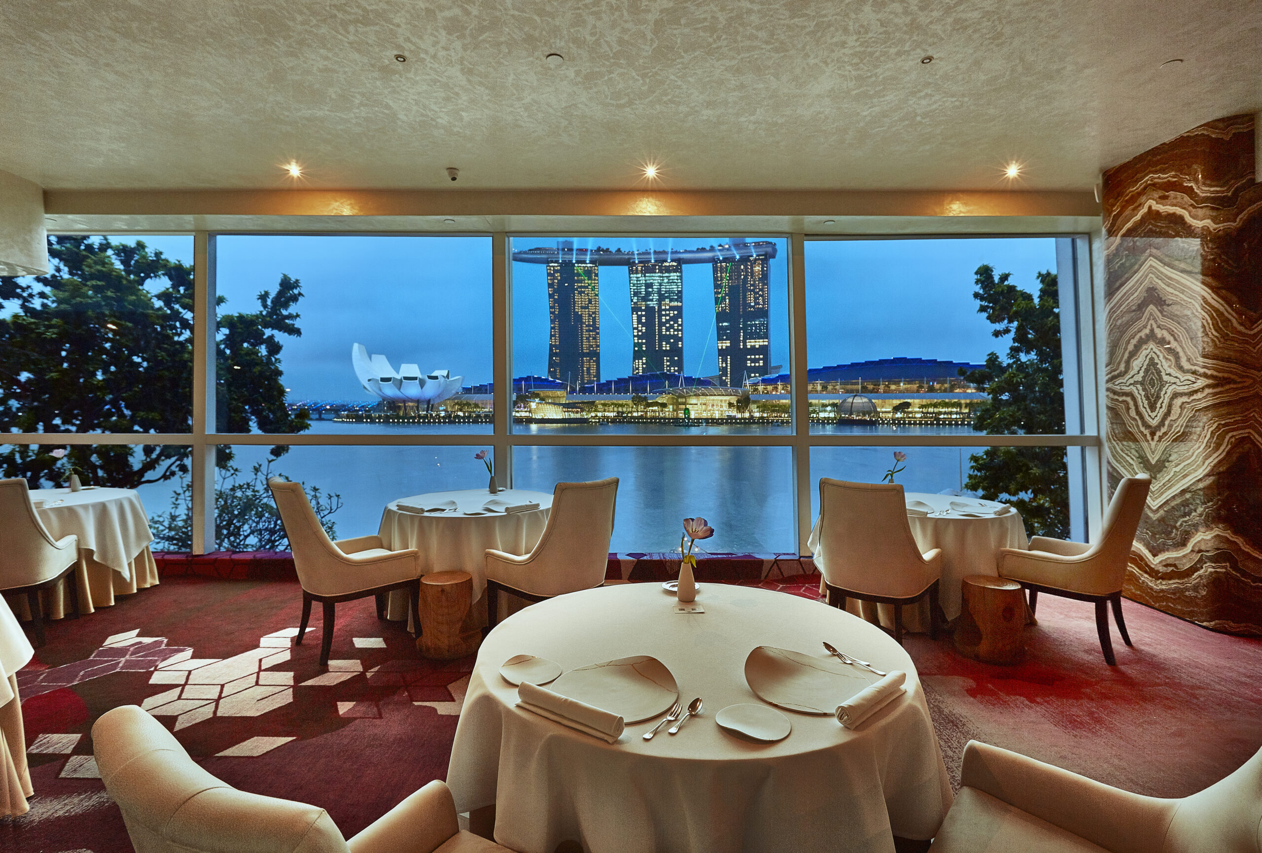 View of Marina Bay Sands (MBS) and Singapore skyline from Saint Pierre restaurant at One Fullerton